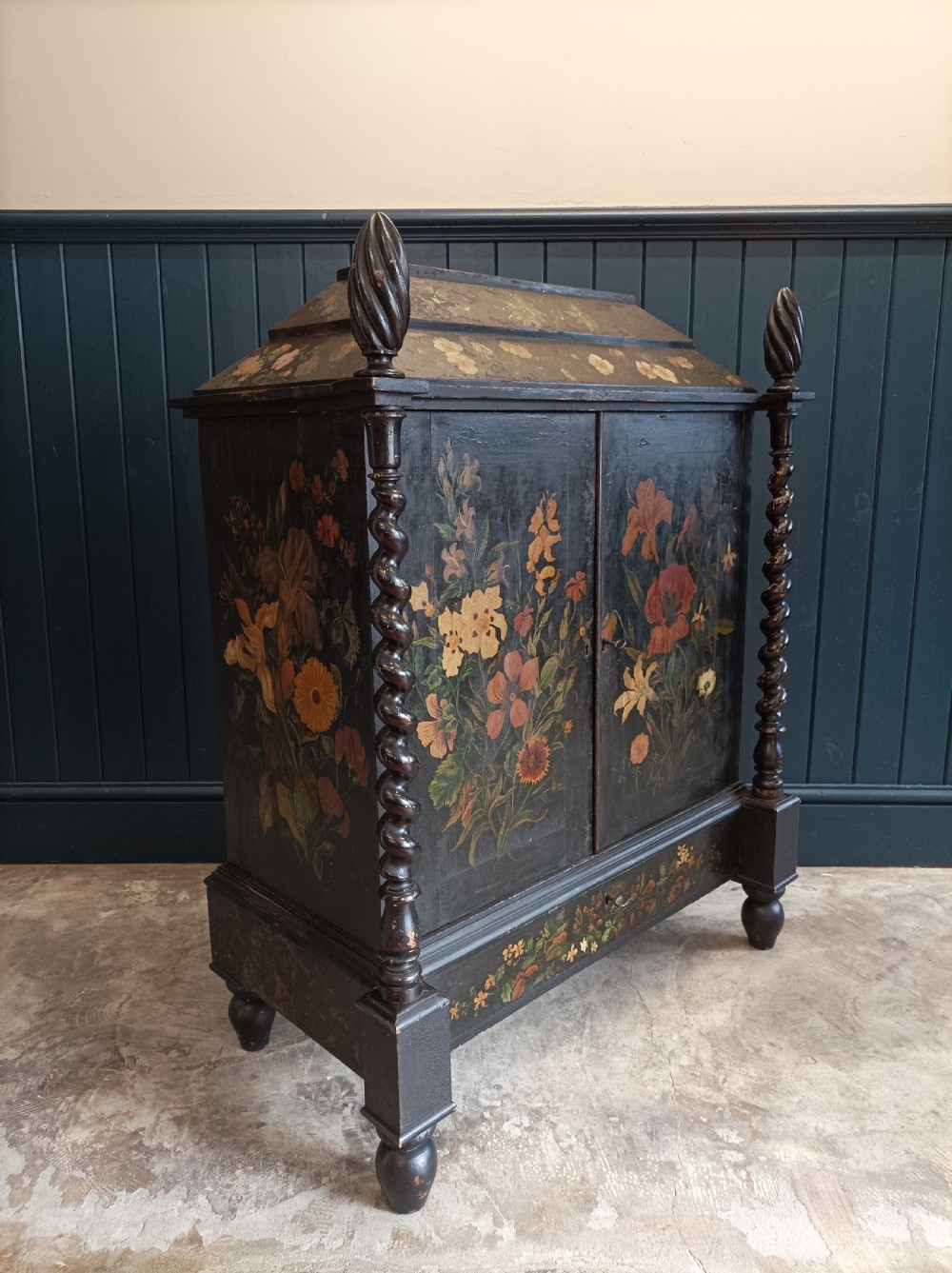 Victorian Floral Painted Cabinet Bookcase with Turned Columns