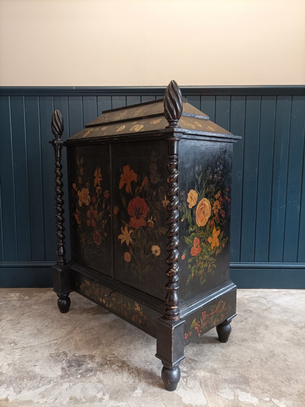 Victorian Floral Painted Cabinet Bookcase with Turned Columns View III