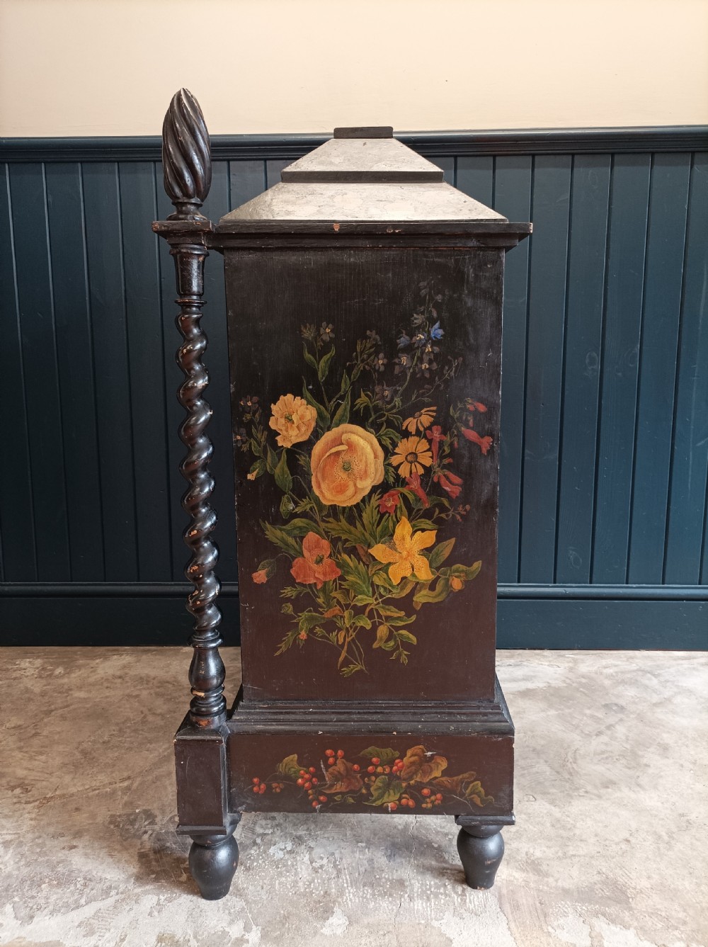 Victorian Floral Painted Cabinet Bookcase with Turned Columns View IV