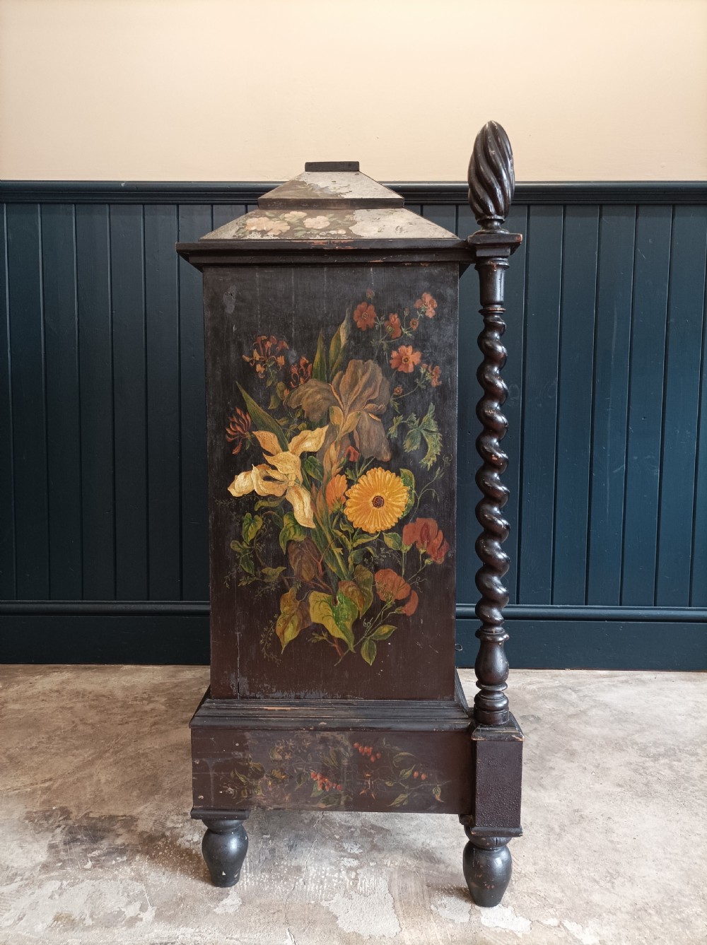 Victorian Floral Painted Cabinet Bookcase with Turned Columns View VI