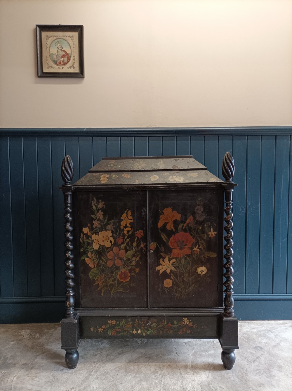 Victorian Floral Painted Cabinet Bookcase with Turned Columns View VII