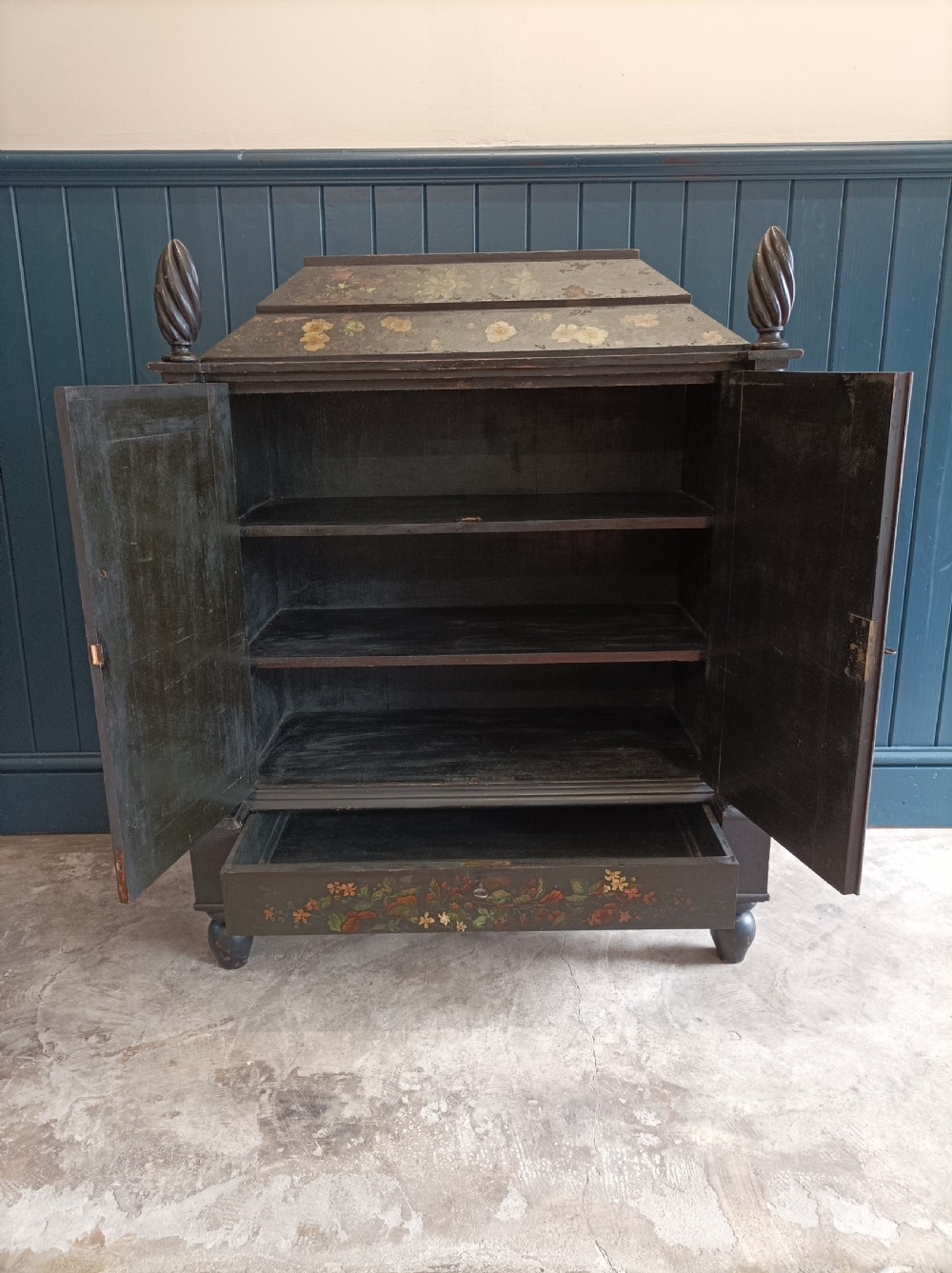 Victorian Floral Painted Cabinet Bookcase with Turned Columns View VIII