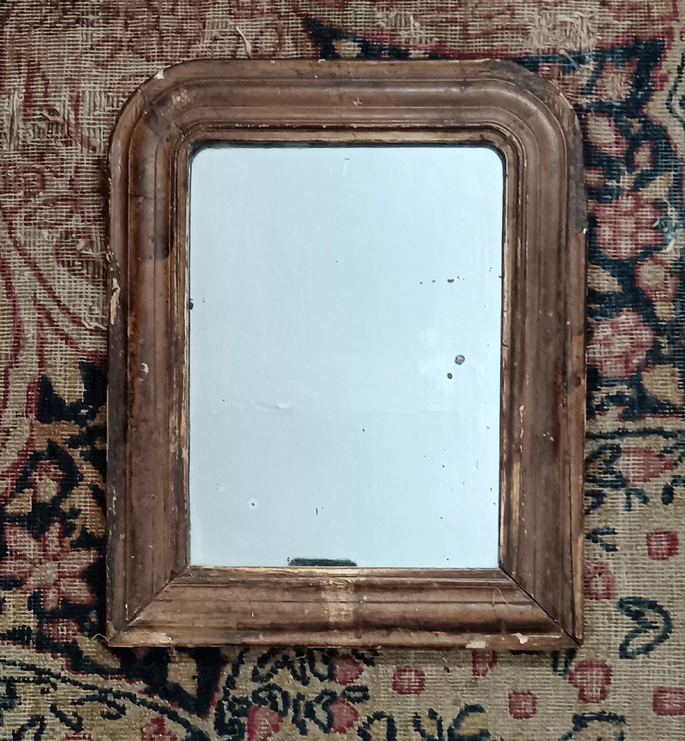 A petite 19th-century French Louis Philippe wall mirror featuring a moulded wooden frame with rounded upper corners and aged glass plate.