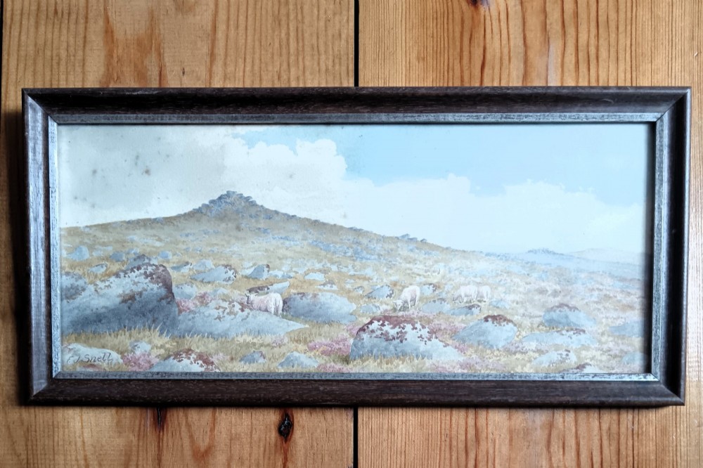 A pair of framed Edwardian watercolour paintings depicting rocky British moorland landscapes with grazing sheep under cloudy skies. View III