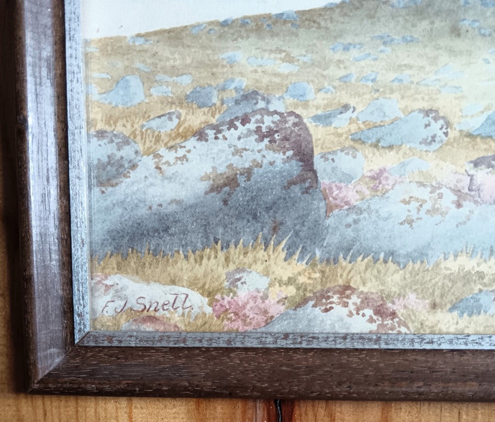 A pair of framed Edwardian watercolour paintings depicting rocky British moorland landscapes with grazing sheep under cloudy skies. View V