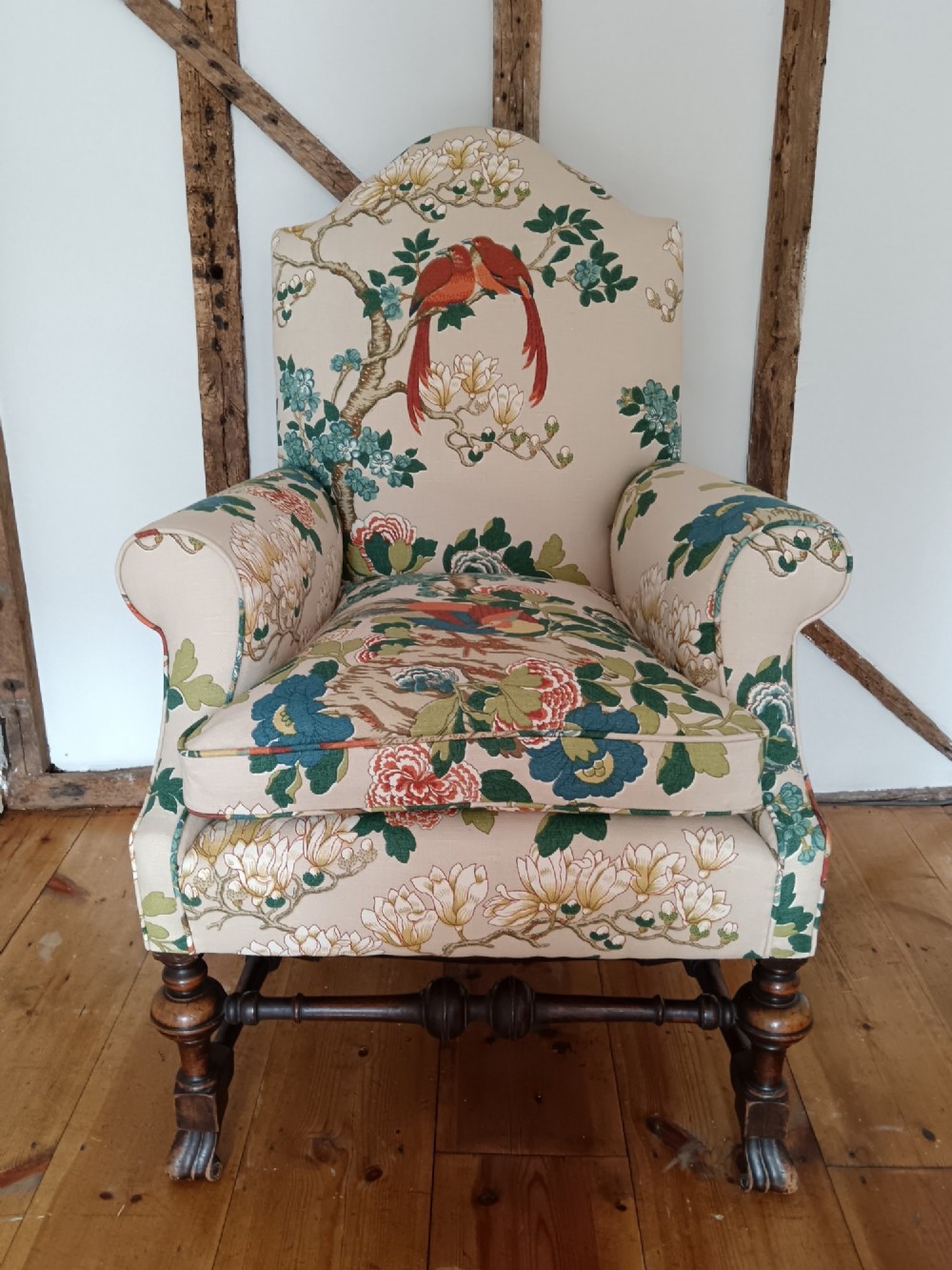William & Mary Revival Armchair Newly Reupholstered in Luxury GP & J Baker 'Rockbird' Fabric View II