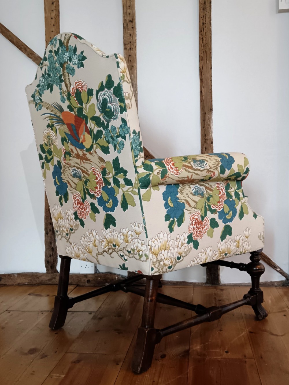 William & Mary Revival Armchair Newly Reupholstered in Luxury GP & J Baker 'Rockbird' Fabric View III