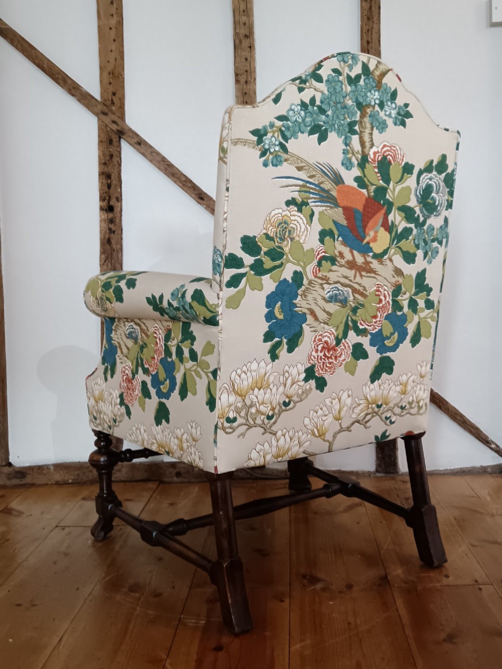 William & Mary Revival Armchair Newly Reupholstered in Luxury GP & J Baker 'Rockbird' Fabric View IV