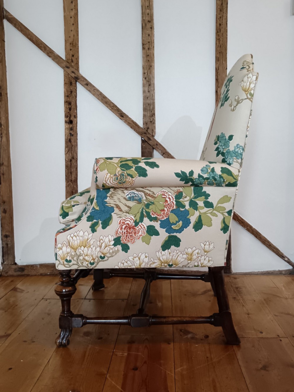 William & Mary Revival Armchair Newly Reupholstered in Luxury GP & J Baker 'Rockbird' Fabric View V