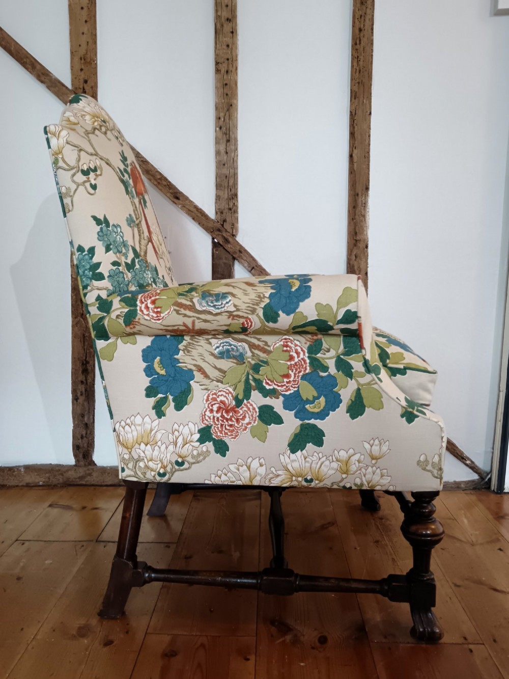 William & Mary Revival Armchair Newly Reupholstered in Luxury GP & J Baker 'Rockbird' Fabric View VI
