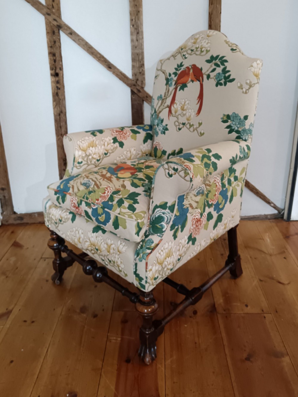 William & Mary Revival Armchair Newly Reupholstered in Luxury GP & J Baker 'Rockbird' Fabric View VII