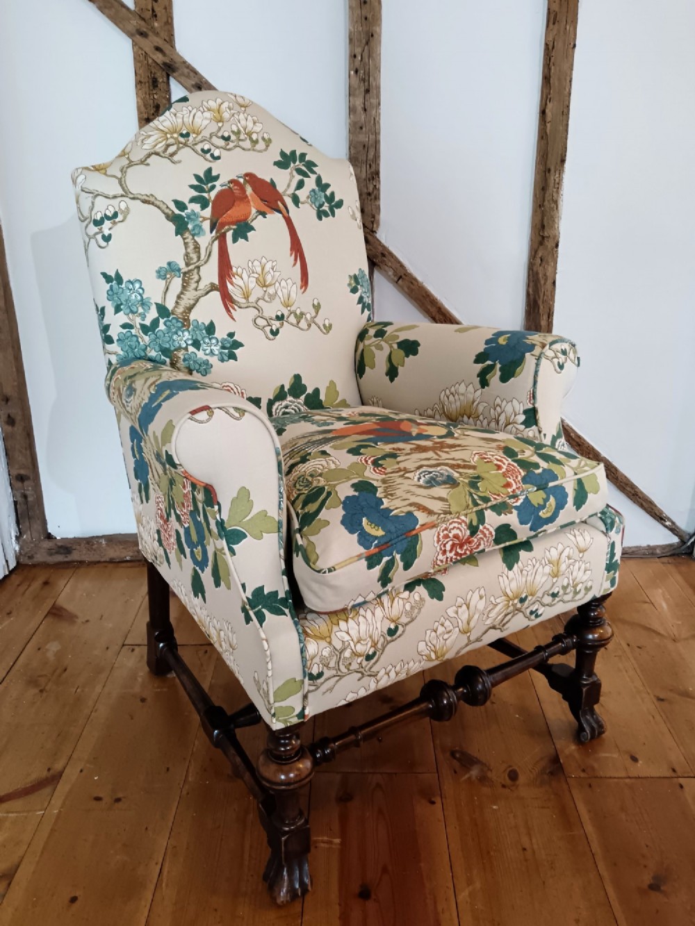 William & Mary Revival Armchair Newly Reupholstered in Luxury GP & J Baker 'Rockbird' Fabric View VIII
