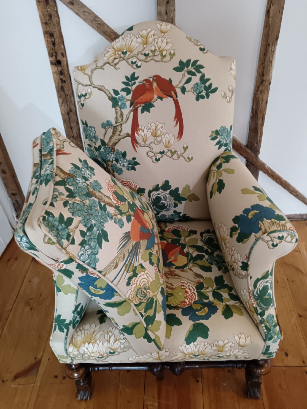 William & Mary Revival Armchair Newly Reupholstered in Luxury GP & J Baker 'Rockbird' Fabric View X