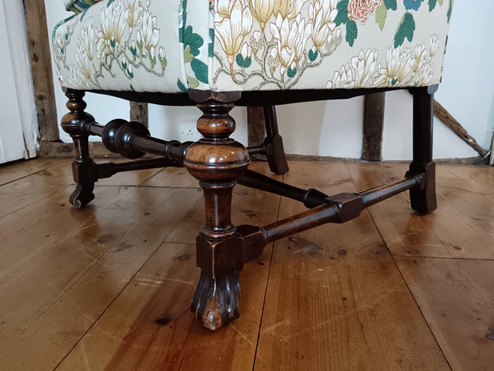 William & Mary Revival Armchair Newly Reupholstered in Luxury GP & J Baker 'Rockbird' Fabric View XI