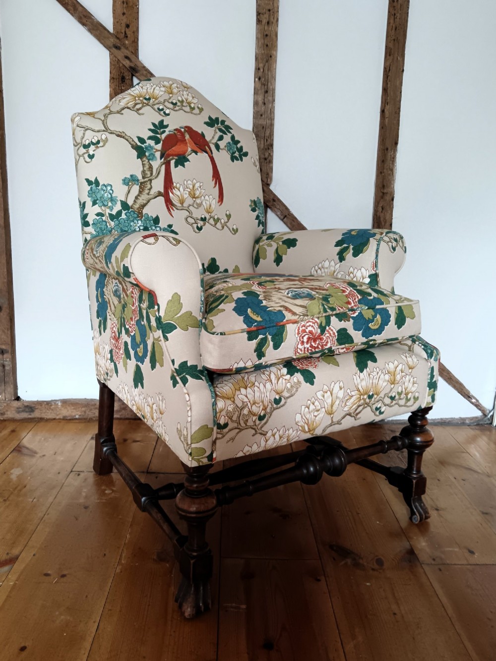 William & Mary Revival Armchair Newly Reupholstered in Luxury GP & J Baker 'Rockbird' Fabric