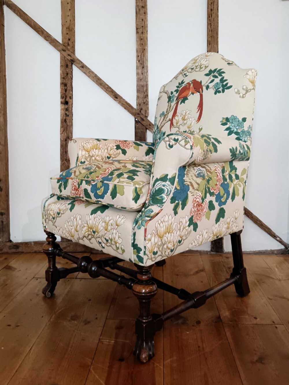 William & Mary Revival Armchair Newly Reupholstered in Luxury GP & J Baker 'Rockbird' Fabric View XII