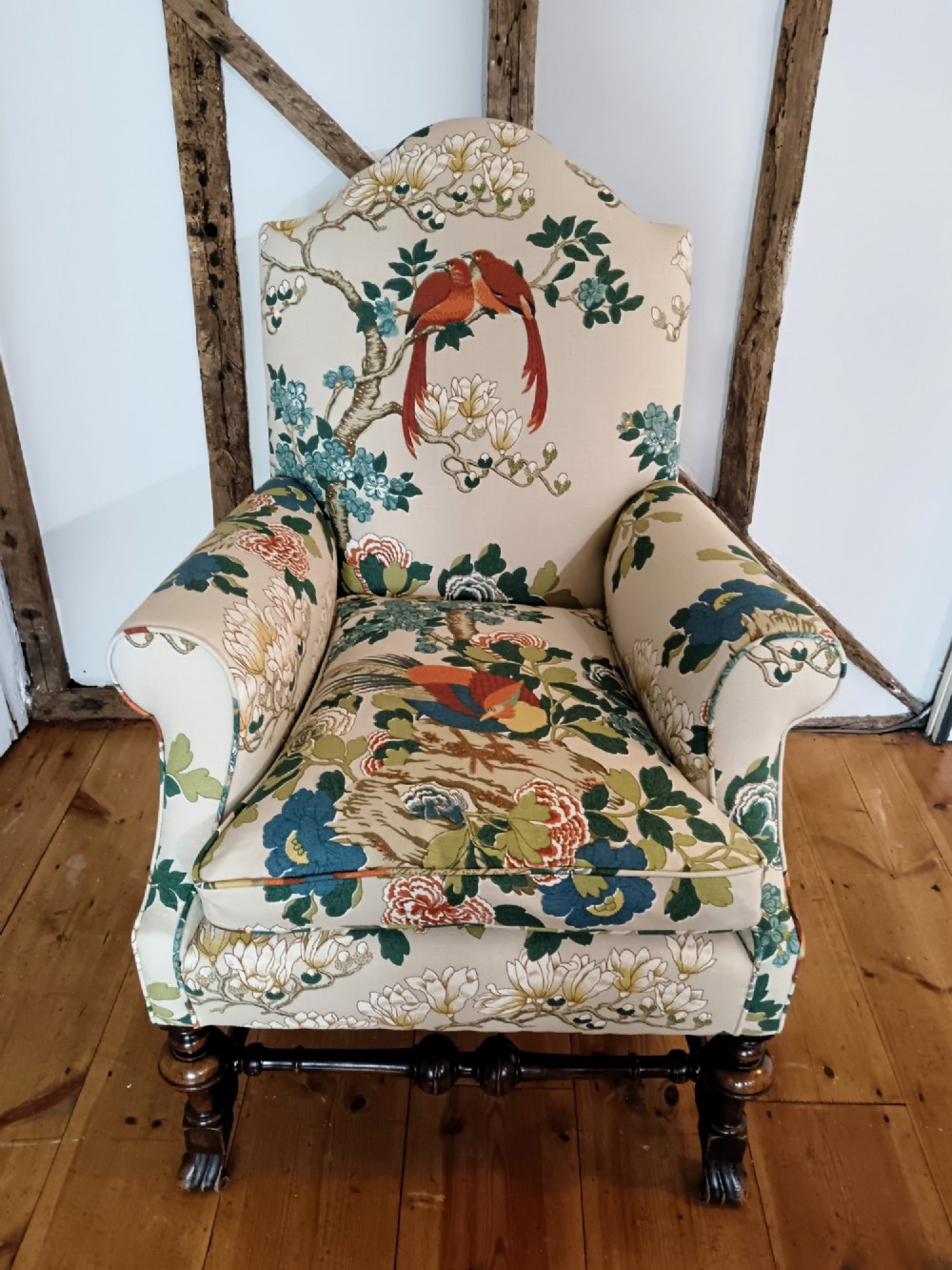 William & Mary Revival Armchair Newly Reupholstered in Luxury GP & J Baker 'Rockbird' Fabric View XIII