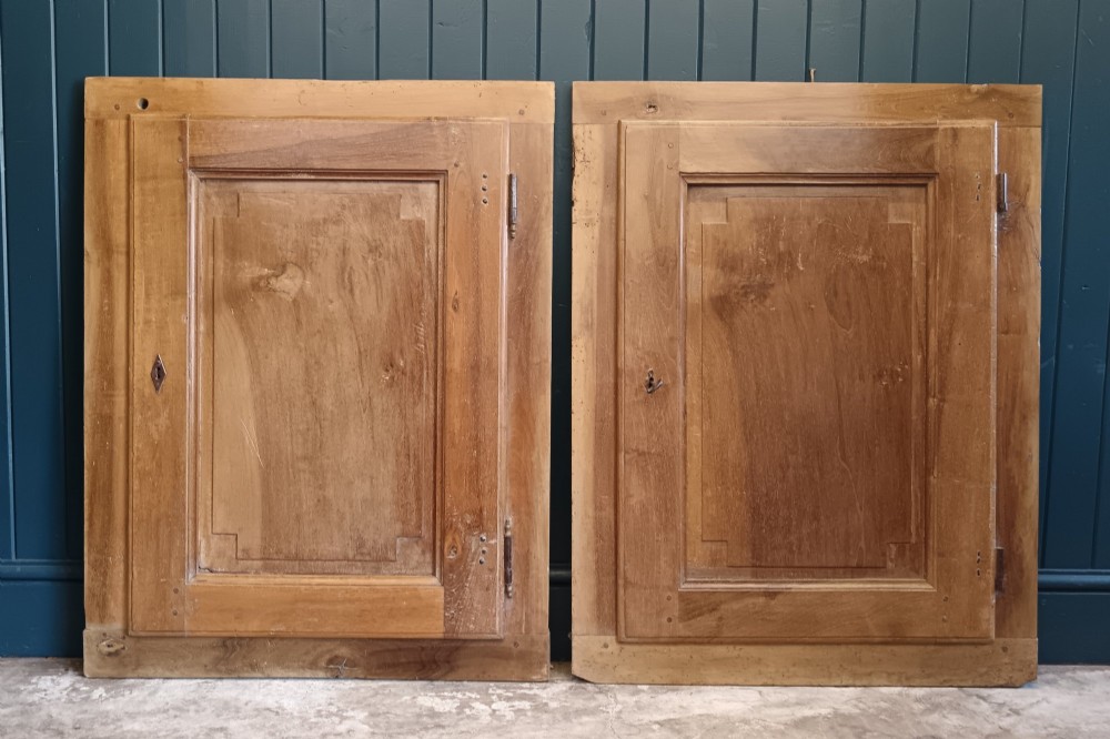A pair of antique Italian walnut cupboard doors set within rectangular timber frames with recessed panels and iron hardware. View IV