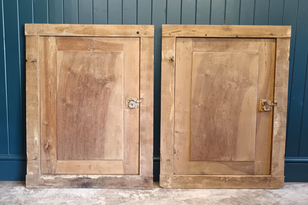 A pair of antique Italian walnut cupboard doors set within rectangular timber frames with recessed panels and iron hardware. View V