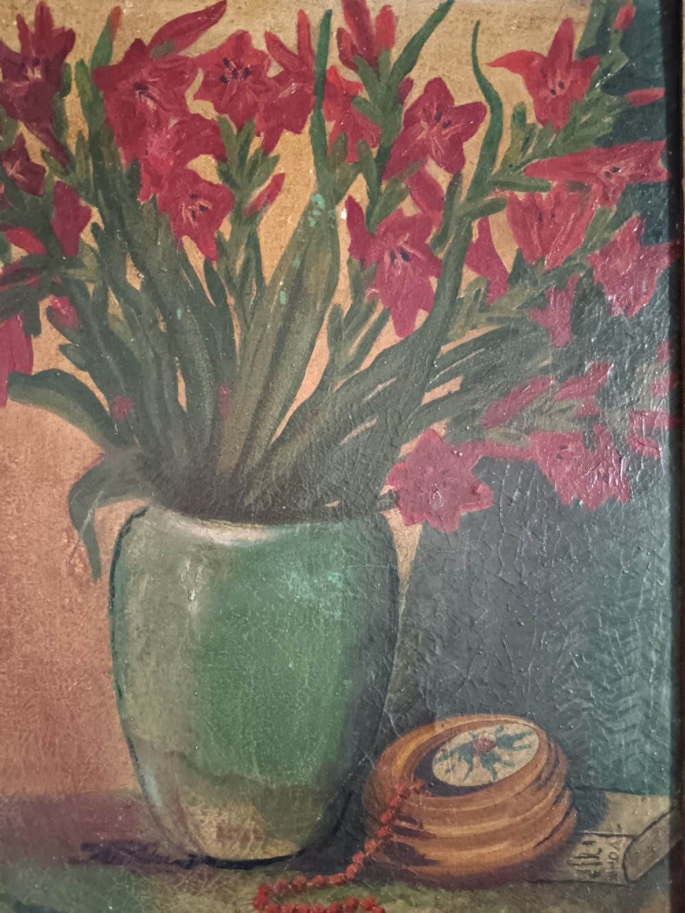 An 1896 post-impressionist oil painting depicting red flowers in a green vase alongside a wooden box and beads, set within a moulded frame. View IV
