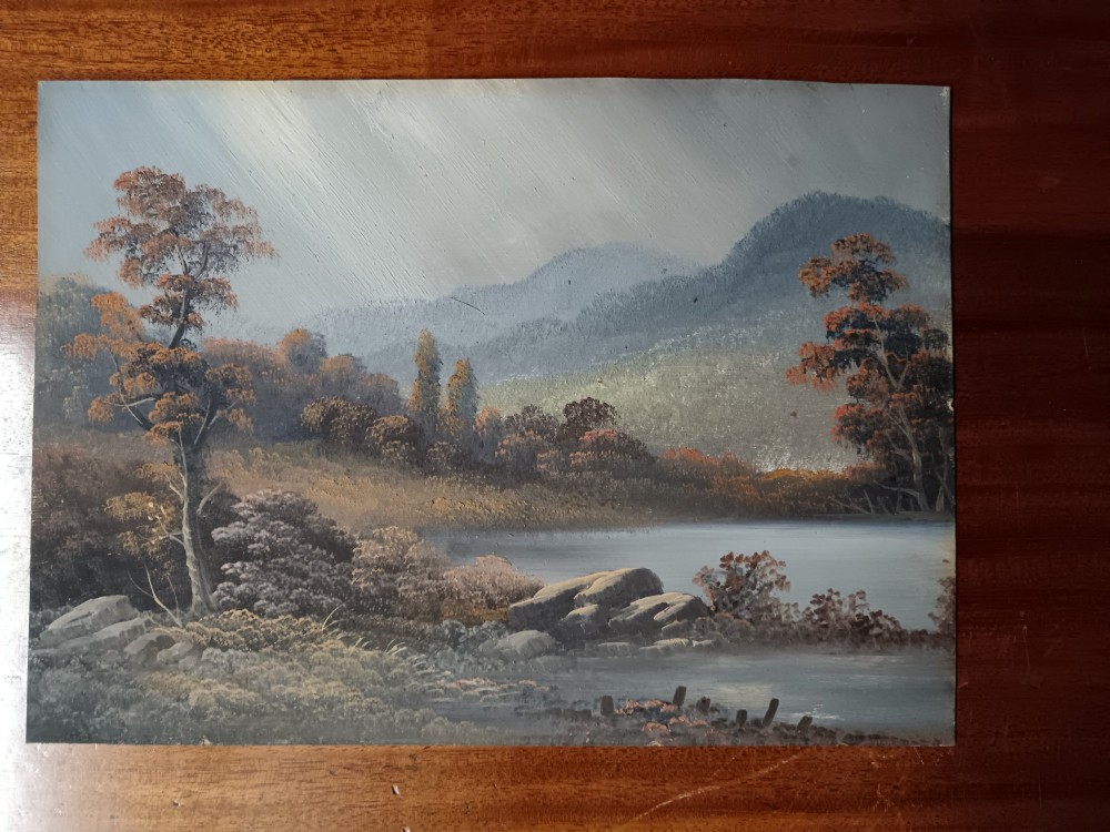 A set of four early 20th-century framed landscape paintings depicting river and woodland scenes set inside matching rectangular gilt frames. View VII