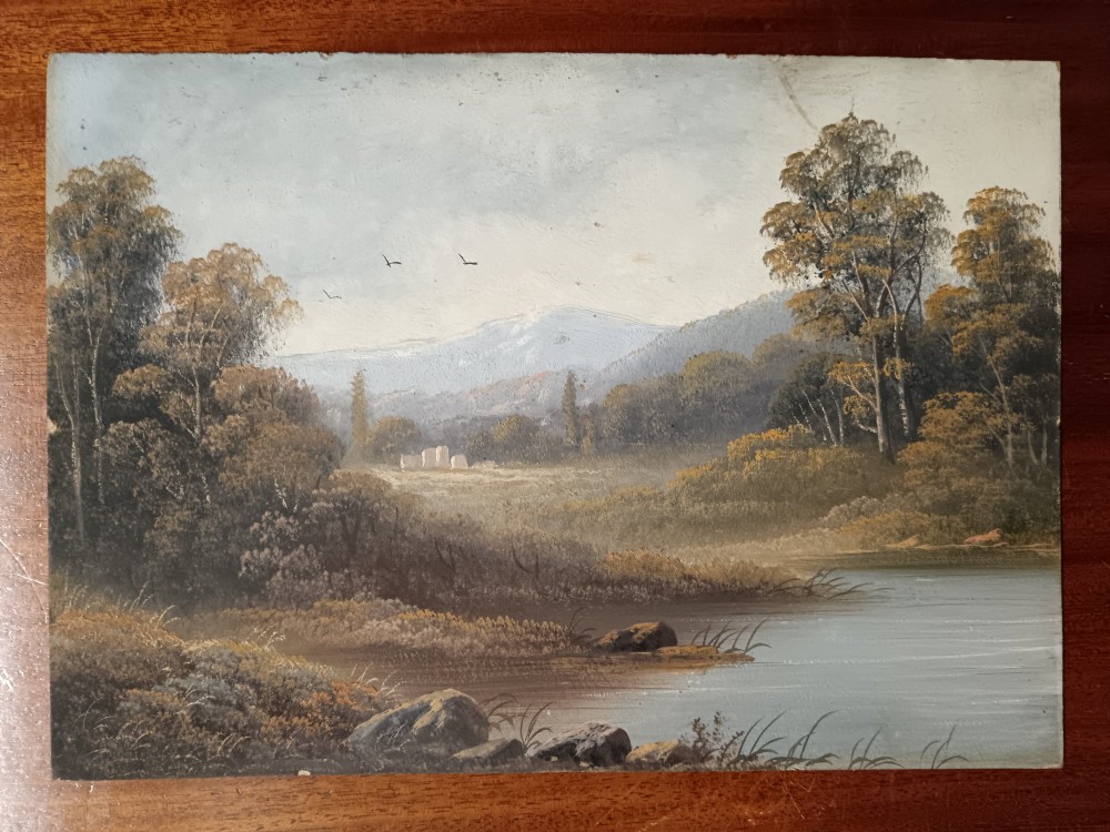 A set of four early 20th-century framed landscape paintings depicting river and woodland scenes set inside matching rectangular gilt frames. View VIII