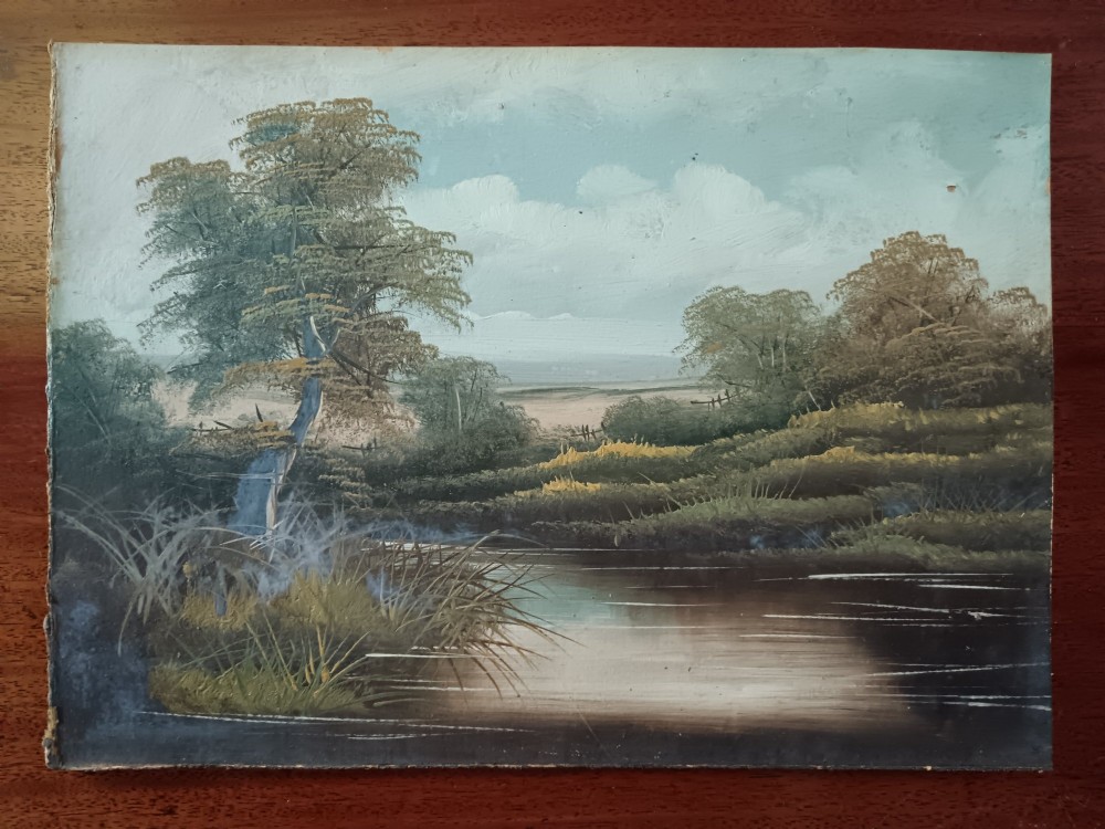A set of four early 20th-century framed landscape paintings depicting river and woodland scenes set inside matching rectangular gilt frames. View IX