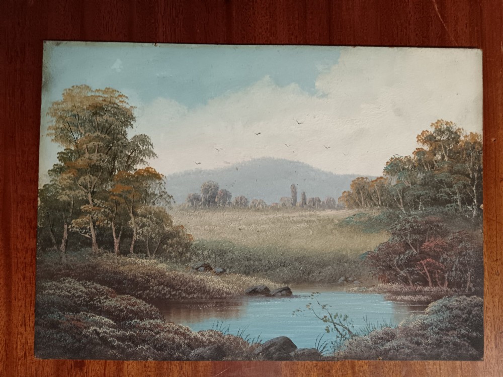 A set of four early 20th-century framed landscape paintings depicting river and woodland scenes set inside matching rectangular gilt frames. View X