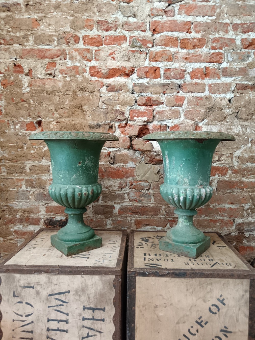 Pair of Antique French Cast Iron Medici Garden Urns c.1890 View II