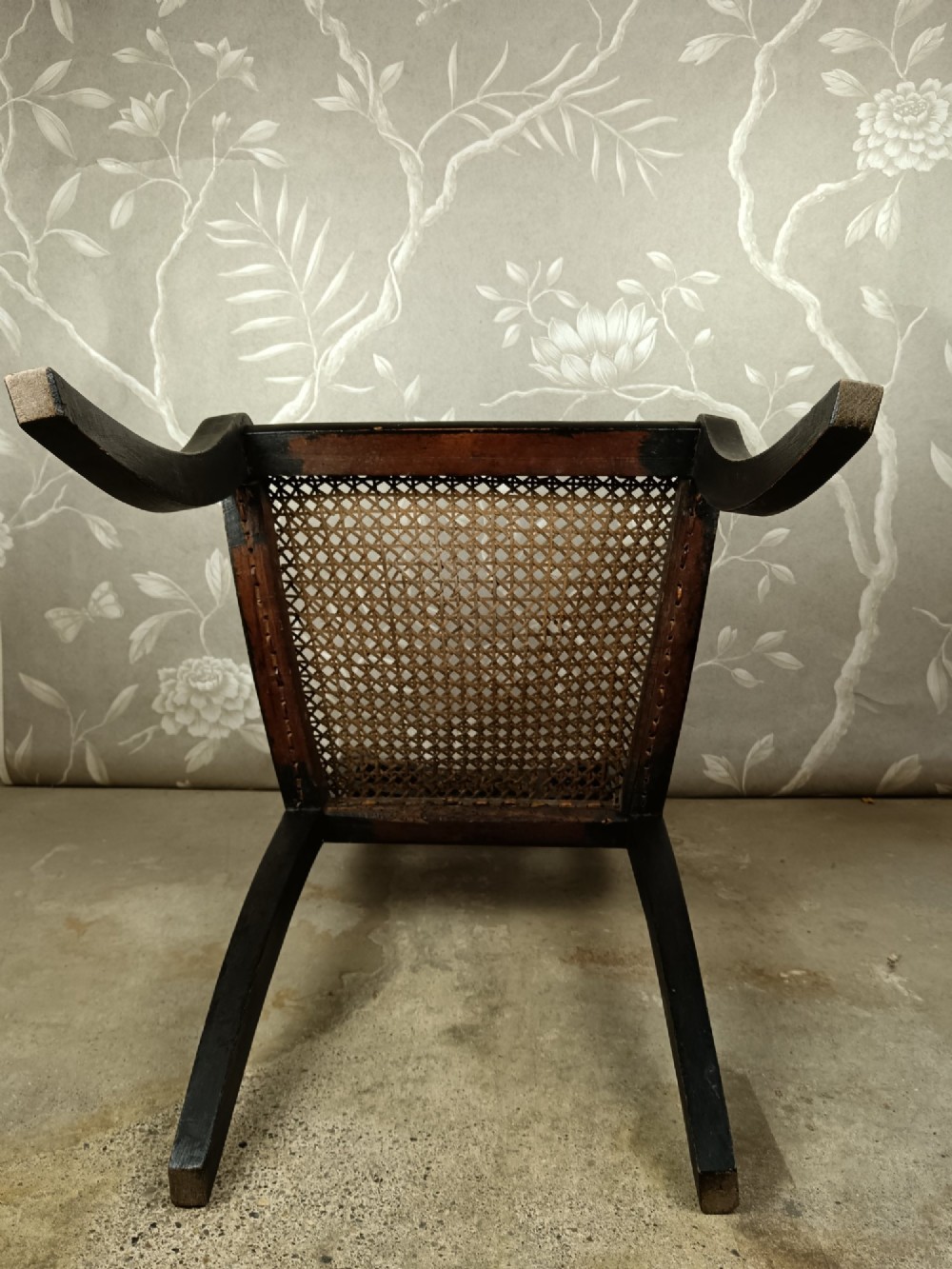 An ebonised Regency side chair featuring curved sabre legs, a woven cane seat, turned top rail, and a carved back splat with brass detail. View VIII