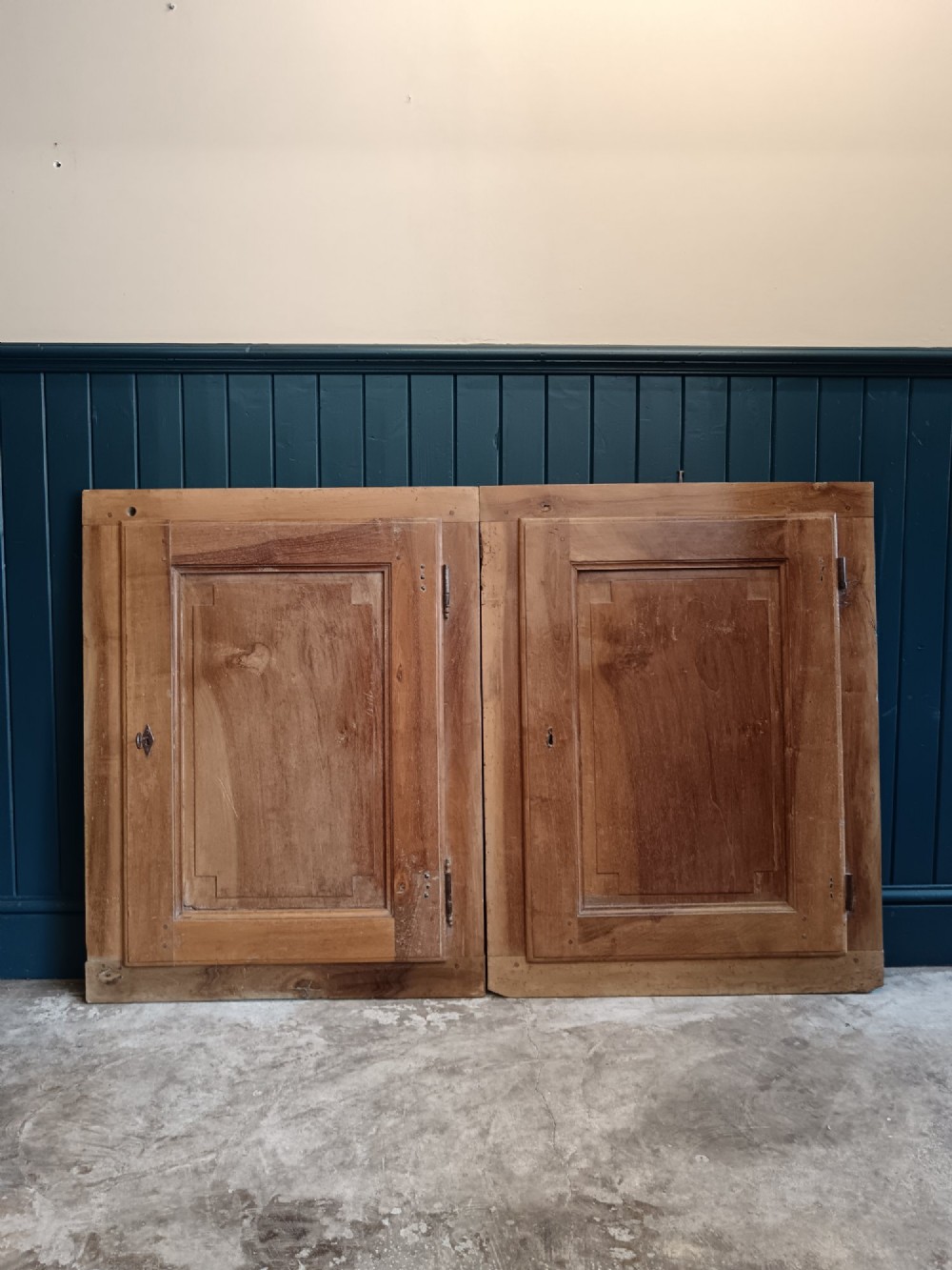 A pair of antique Italian walnut cupboard doors set within rectangular timber frames with recessed panels and iron hardware. View III