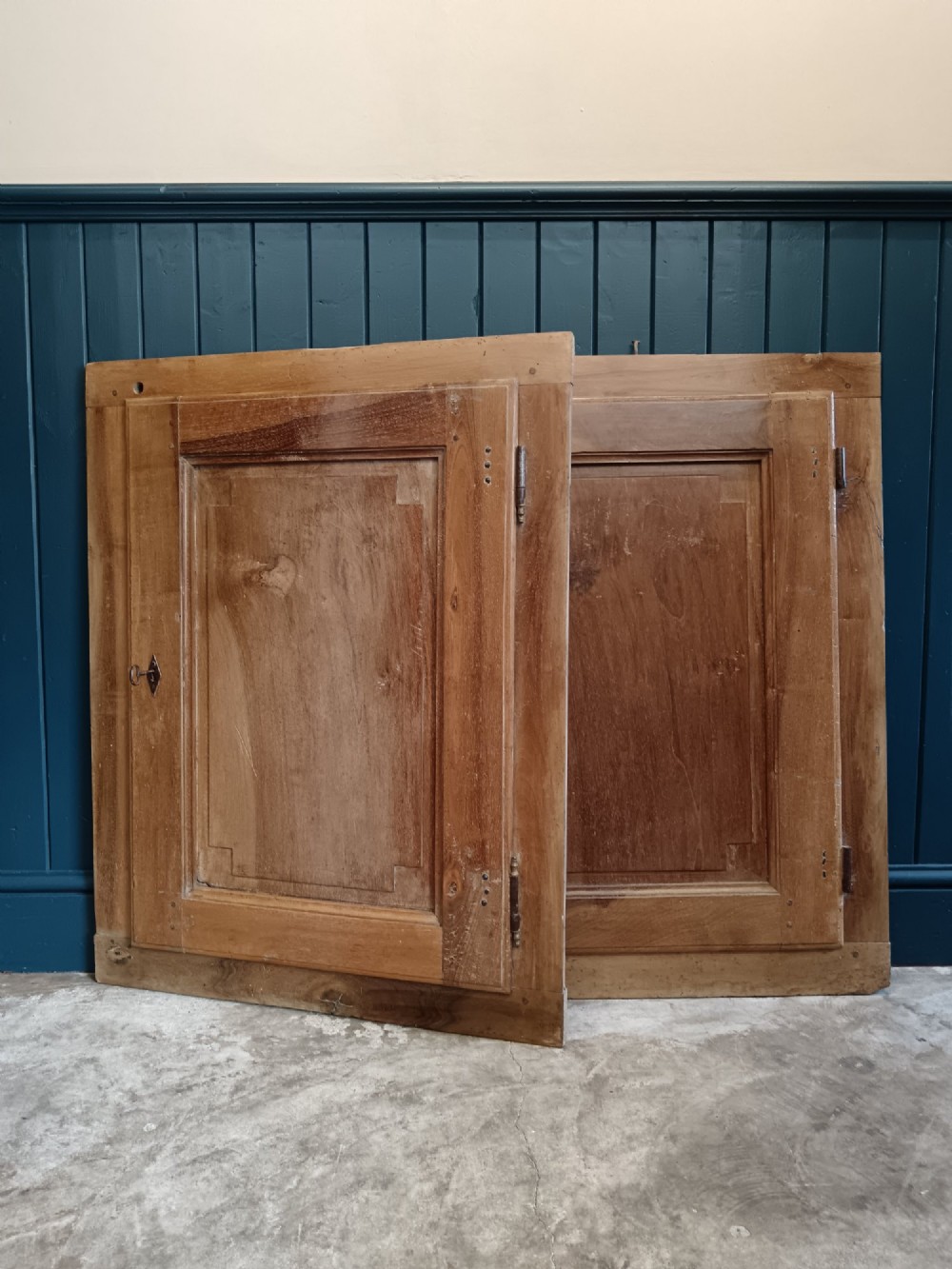 A pair of antique Italian walnut cupboard doors set within rectangular timber frames with recessed panels and iron hardware. View II