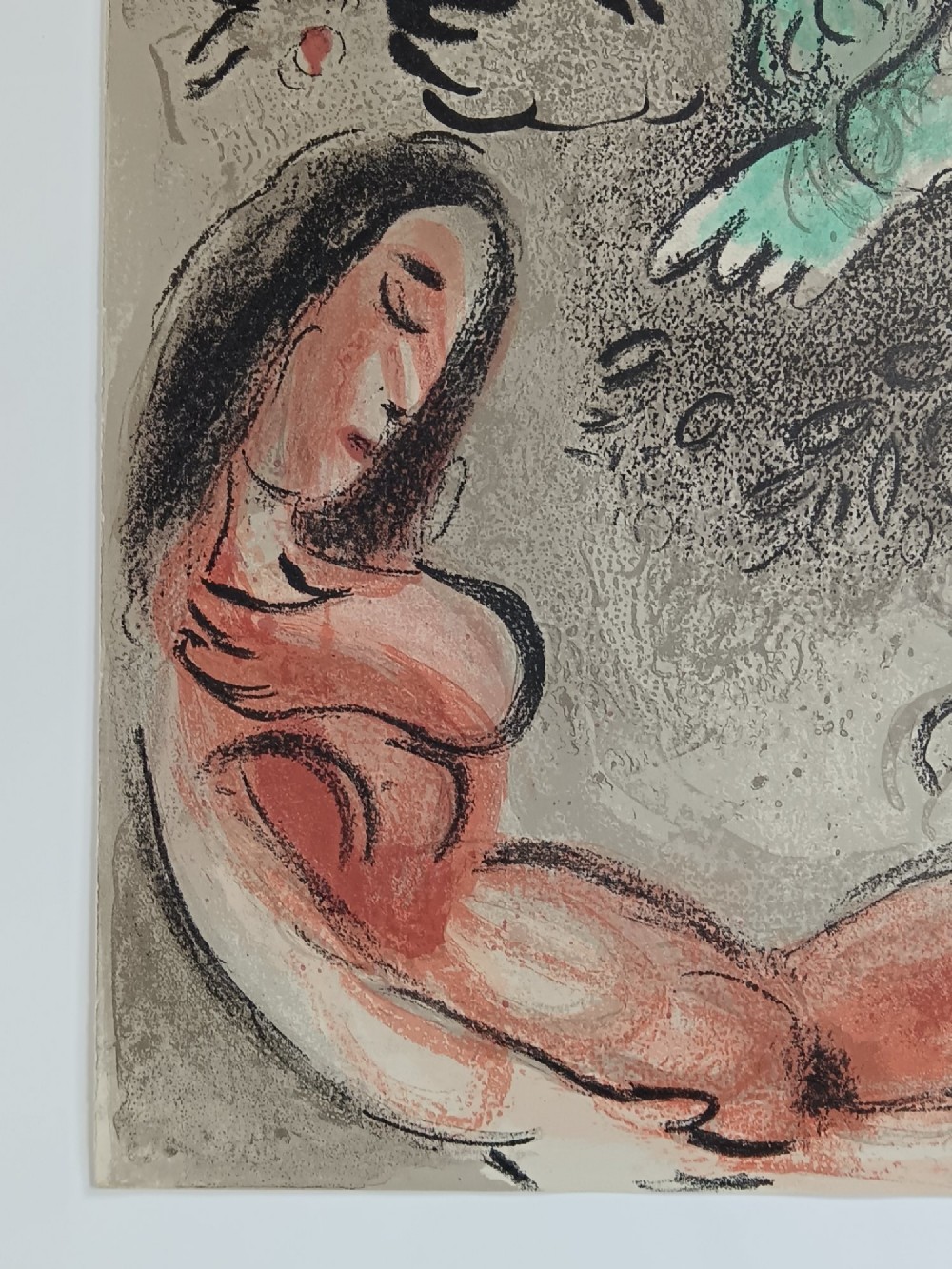 A 1960 double-sided colour lithograph on grey paper depicting a reclined terracotta figure beneath a green figurative motif and Hebrew lettering. View V