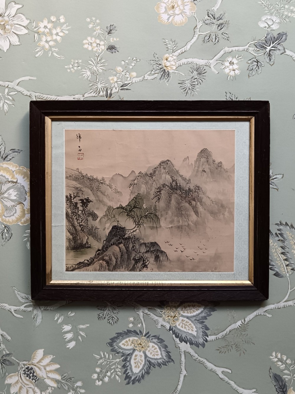 A pair of framed Chinese Shan Shui ink landscape paintings on silk depicting mountainous scenes and trees, presented in dark timber frames with gilded inner trims. View VII