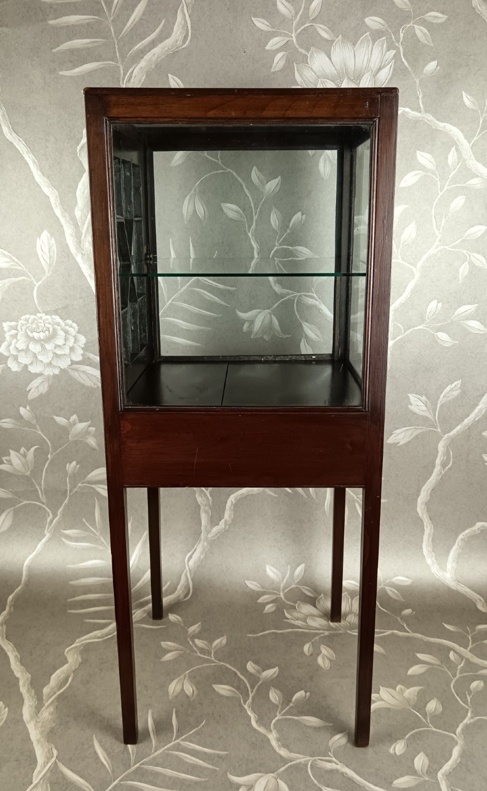 A Georgian mahogany vitrine cabinet featuring glazed side panels, a single lower drawer, straight tapered legs, and a glazed front door with geometric astragal glazing bars. View V