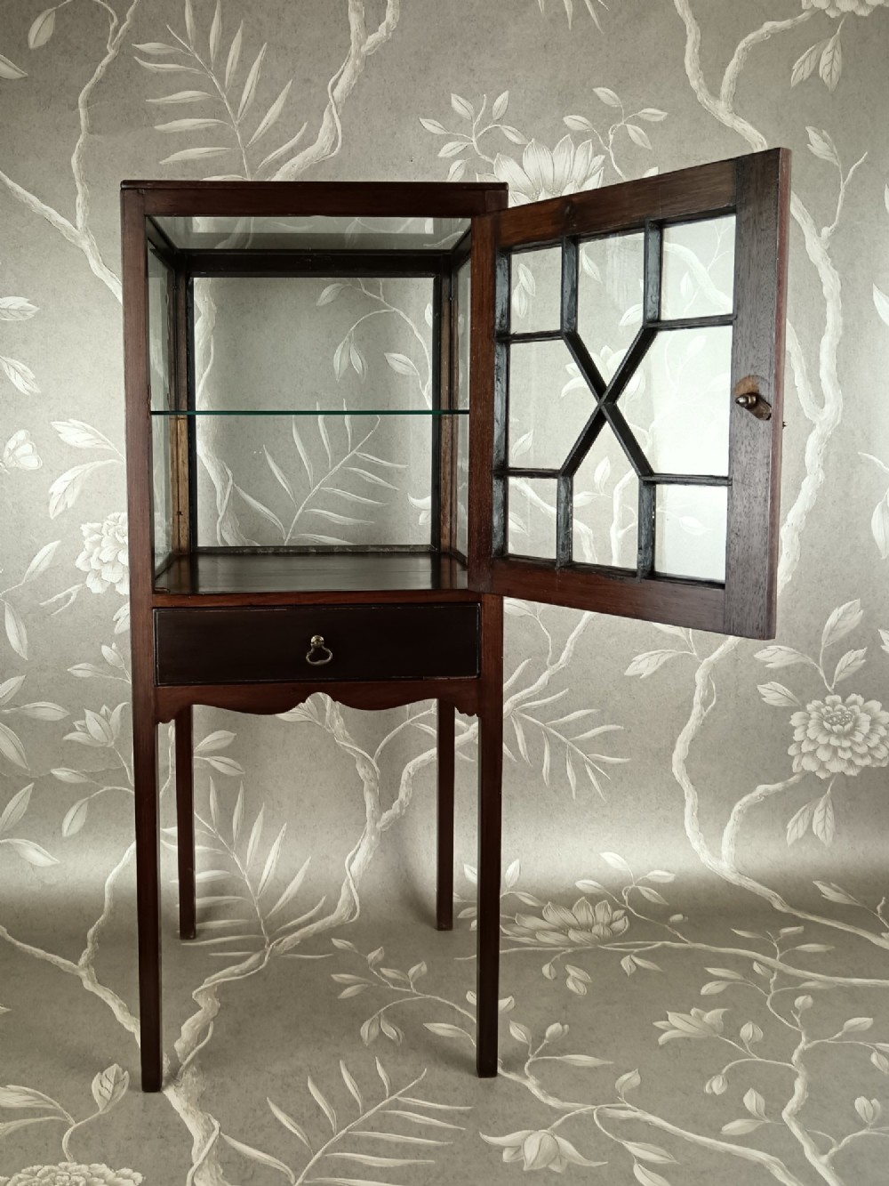 A Georgian mahogany vitrine cabinet featuring glazed side panels, a single lower drawer, straight tapered legs, and a glazed front door with geometric astragal glazing bars. View IX