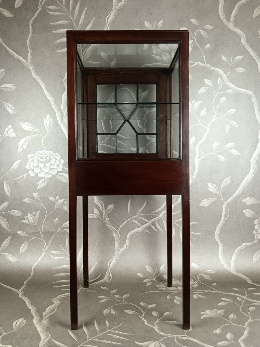 A Georgian mahogany vitrine cabinet featuring glazed side panels, a single lower drawer, straight tapered legs, and a glazed front door with geometric astragal glazing bars. View XI