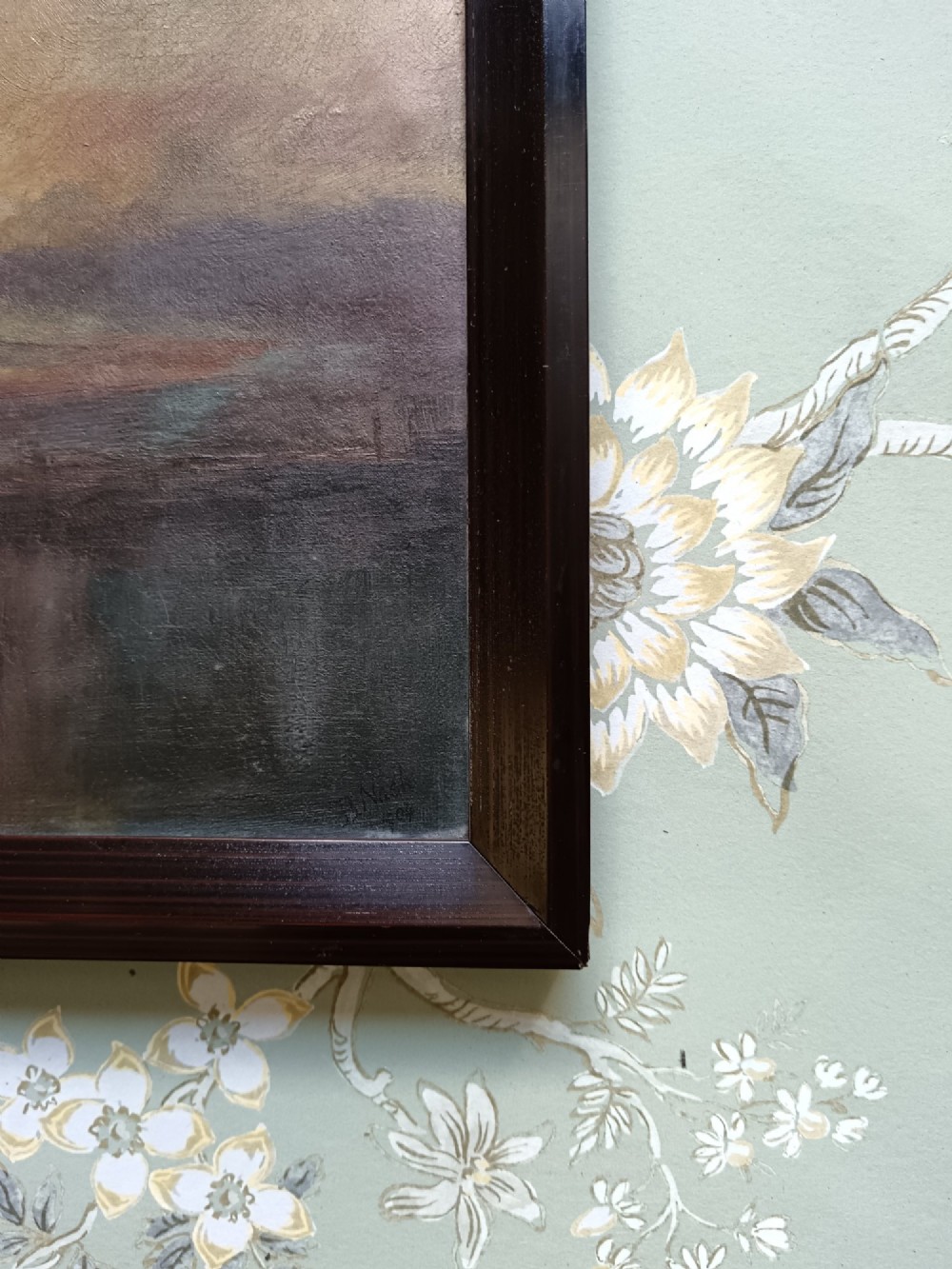 A pair of framed horizontal Edwardian oil paintings depicting atmospheric maritime scenes with sailboats at sunrise and sunset. View VI