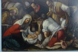 ANTIQUE OIL ON CANVAS DEPICTING THE NATIVITY AND THE ADORATION OF THE SHEPHERDS JACOPO BASSANO FOLLOWER