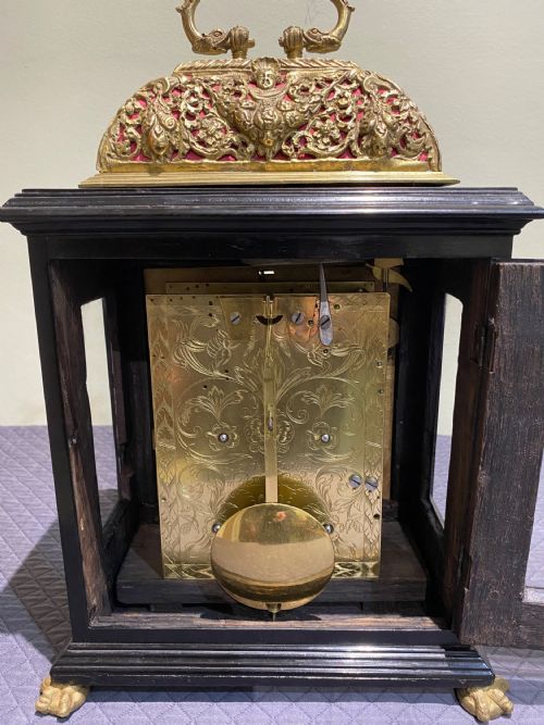 JONATHON LOWNDES EBONY AND BRASS BASKET TOP TABLE CLOCK CIRCA 1695 - ADDITIONAL PHOTO 3