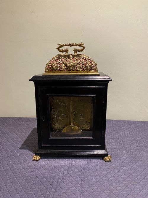JONATHON LOWNDES EBONY AND BRASS BASKET TOP TABLE CLOCK CIRCA 1695 - ADDITIONAL PHOTO 4
