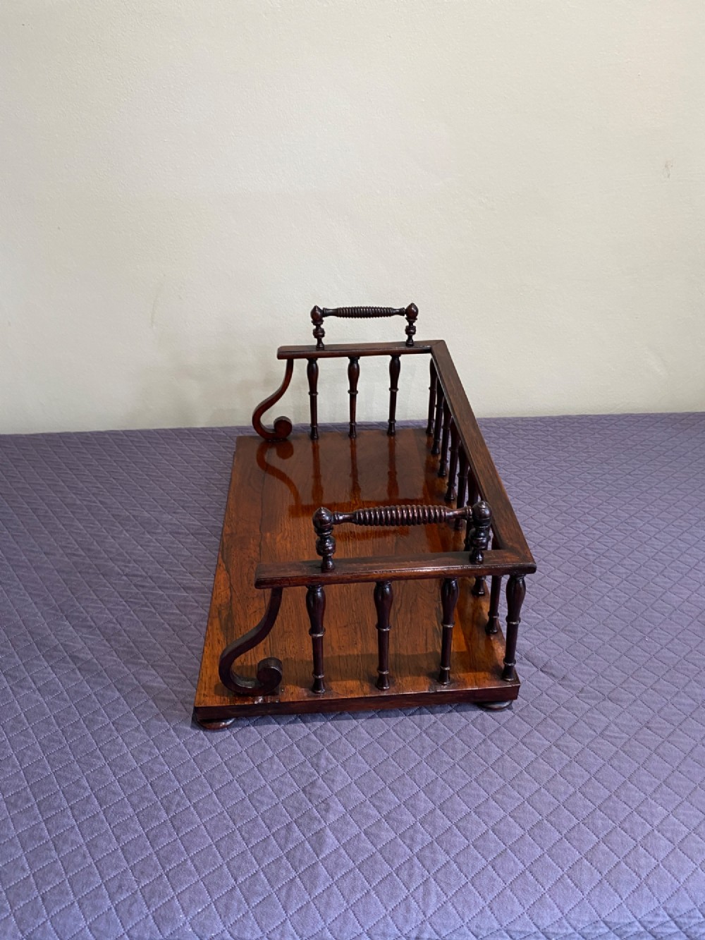 A 19th-century Regency rosewood tabletop book rack featuring a turned spindle back gallery and carved side handles. View III