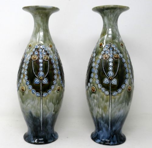 ANTIQUE PAIR ENGLISH PORCELAIN ROYAL DOULTON CERAMIC ART NOUVEAU VASES URNS
