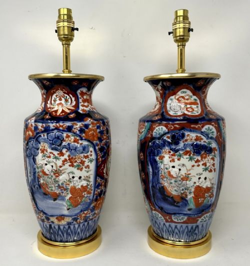ANTIQUE PAIR JAPANESE CHINESE IMARI PORCELAIN ORMOLU TABLE LAMPS BLUE RED GILT - ADDITIONAL PHOTO 1