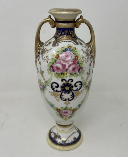 ANTIQUE PAIR JAPANESE NORITAKE HAND PAINTED VASES URNS CENTERPIECES PINK ROSES - ADDITIONAL PHOTO 4