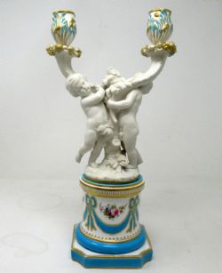 ANTIQUE MINTON STAFFORDSHIRE PORCELAIN CANDELABRA CENTERPIECE PARIAN CHERUB 19C