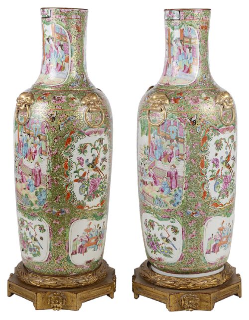LARGE PAIR 19TH CENTURY ROSE MEDALLION VASES LAMPS - ADDITIONAL PHOTO 1