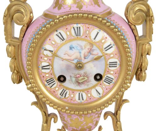 LOUIS XVI STYLE PINK PORCELAIN MANTEL CLOCK 19TH CENTURY - ADDITIONAL PHOTO 1