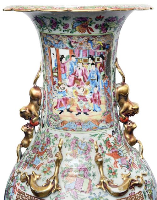 LARGE PAIR 19TH CENTURY ROSE MEDALLION VASES ON STANDS - ADDITIONAL PHOTO 2