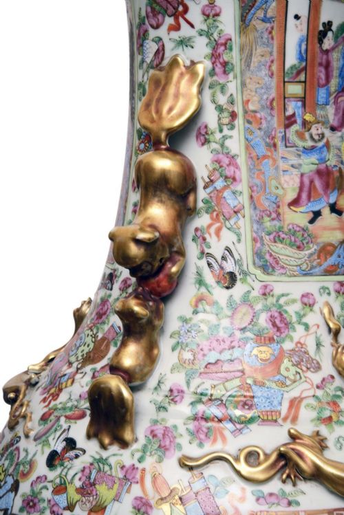 LARGE PAIR 19TH CENTURY ROSE MEDALLION VASES ON STANDS - ADDITIONAL PHOTO 6
